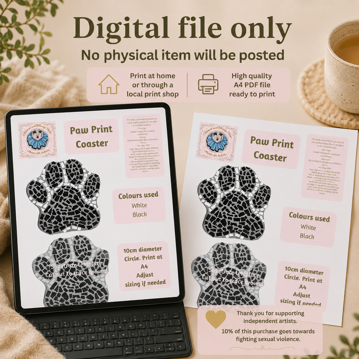 Paw Print Mosaic Coaster DIY Kit – 10cm Shaped | Beginner-Friendly  | 🌱 Level 1