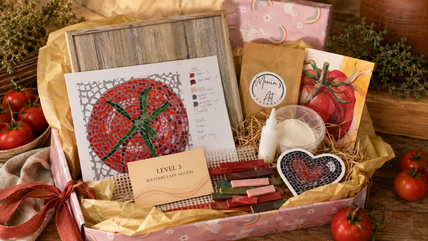 Perfectly Ripe Tomato Mosaic Design | Deluxe Mosaic Art Kit with Recycled Timber Shadow Box | 🛠 Level 3 Masterclass Course