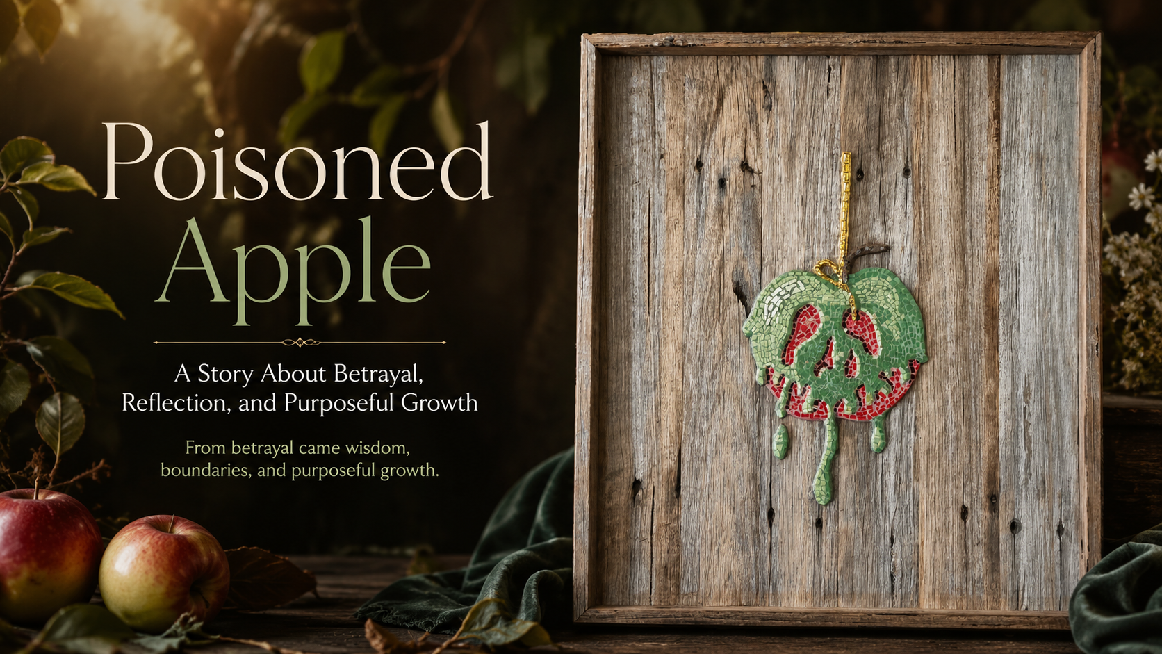 Load video: Hero banner video featuring the Poisoned Apple mosaic artwork, symbolising betrayal, emotional resilience, reflection, and purposeful growth through pain and healing.
