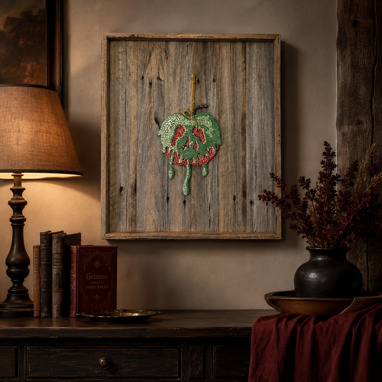 Poisoned Apple Mosaic – Mounted on Recycled Timber Shadow Box
