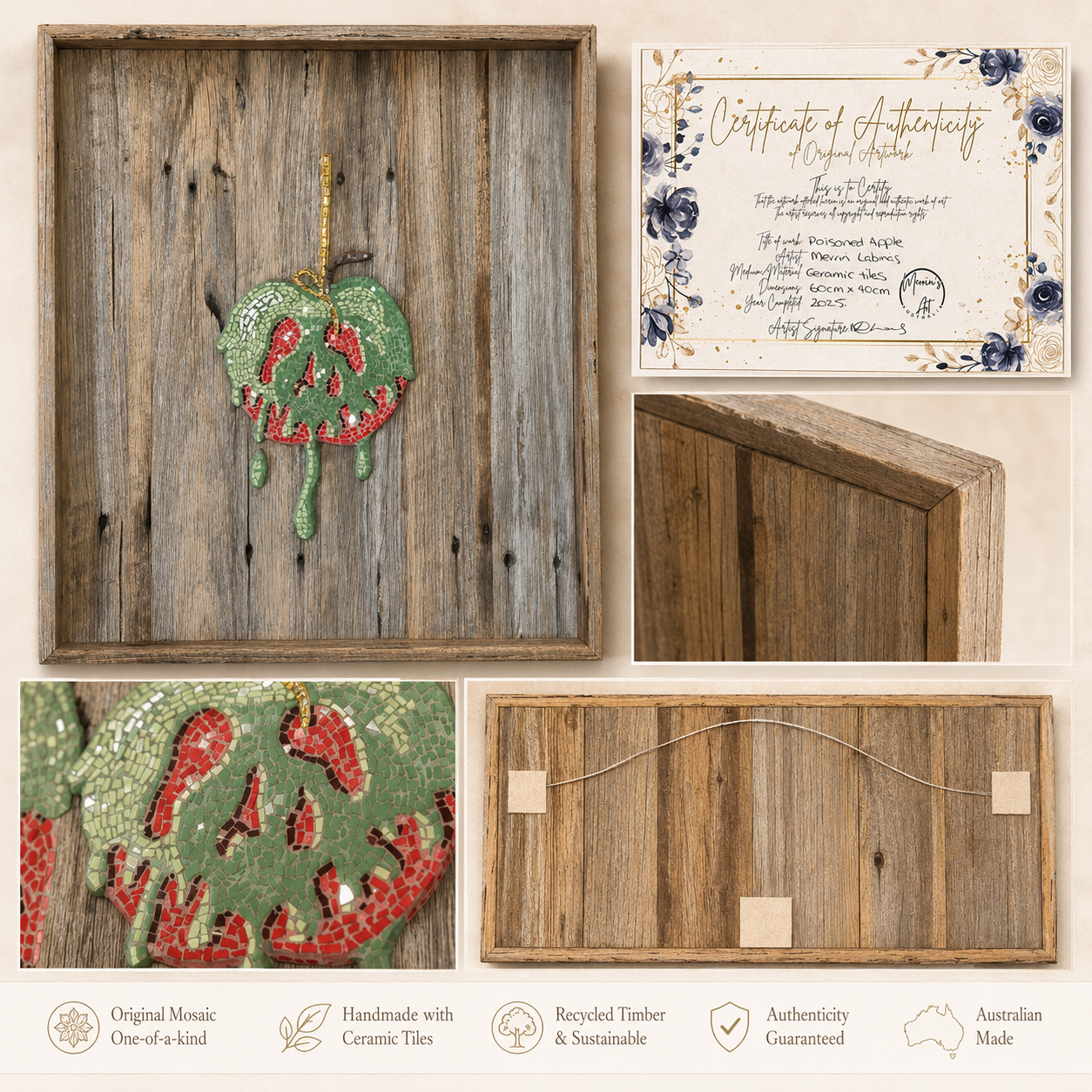 Poisoned Apple Mosaic – Mounted on Recycled Timber Shadow Box