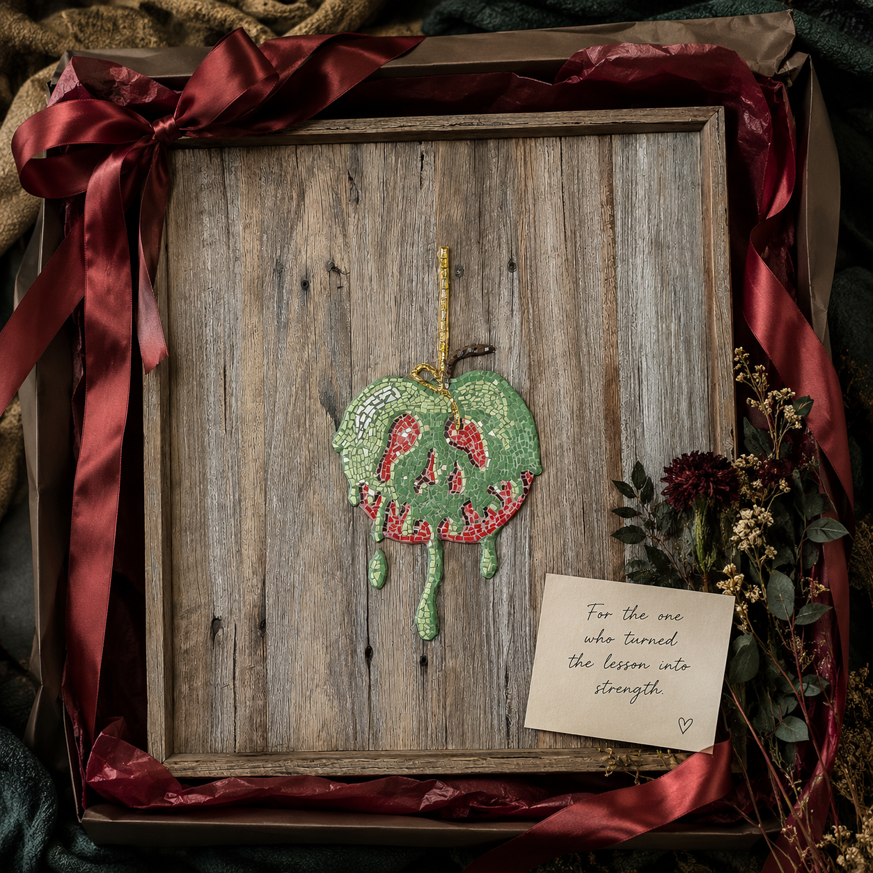 Poisoned Apple Mosaic – Mounted on Recycled Timber Shadow Box