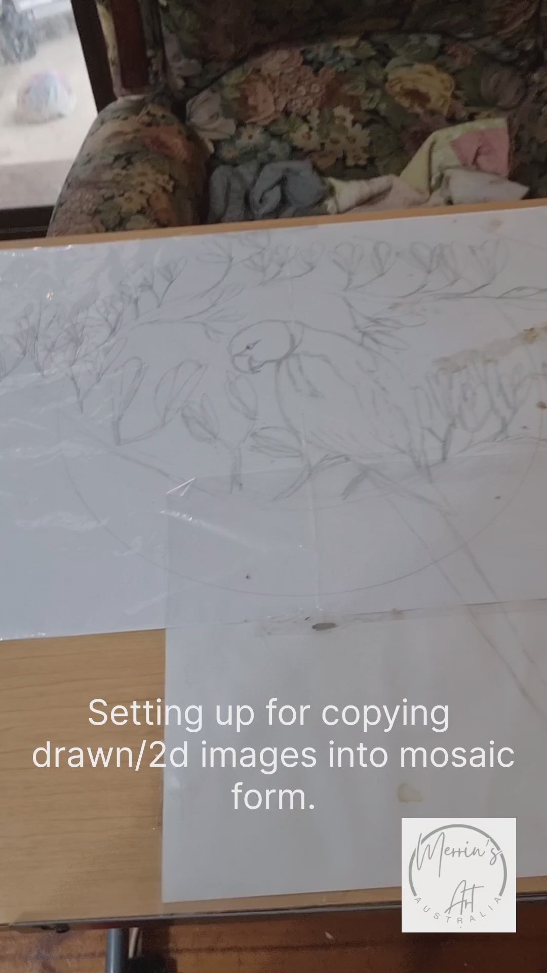 Screenshot from a tutorial showing the process of setting up digital layers to convert a 2D image into a mosaic design. The screen displays separated outlines, shading, and color layers, preparing the artwork for tiling