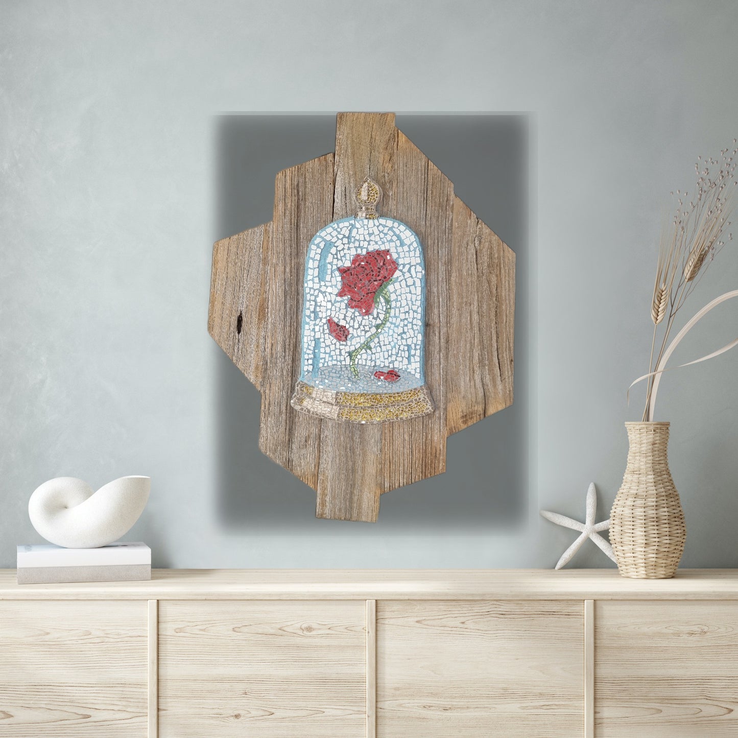 Cursed Rose Mosaic | Mounted on Rustic Timber Frame