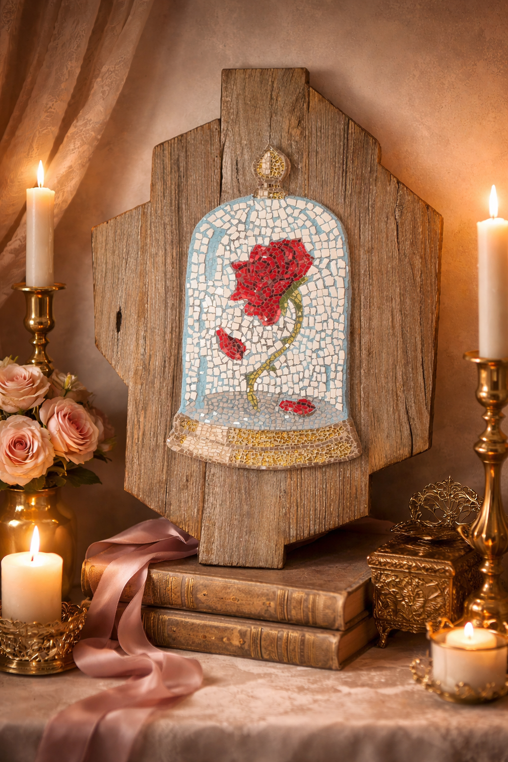 Decorative mosaic of a cursed rose in a wooden frame with candles and flowers on a table.