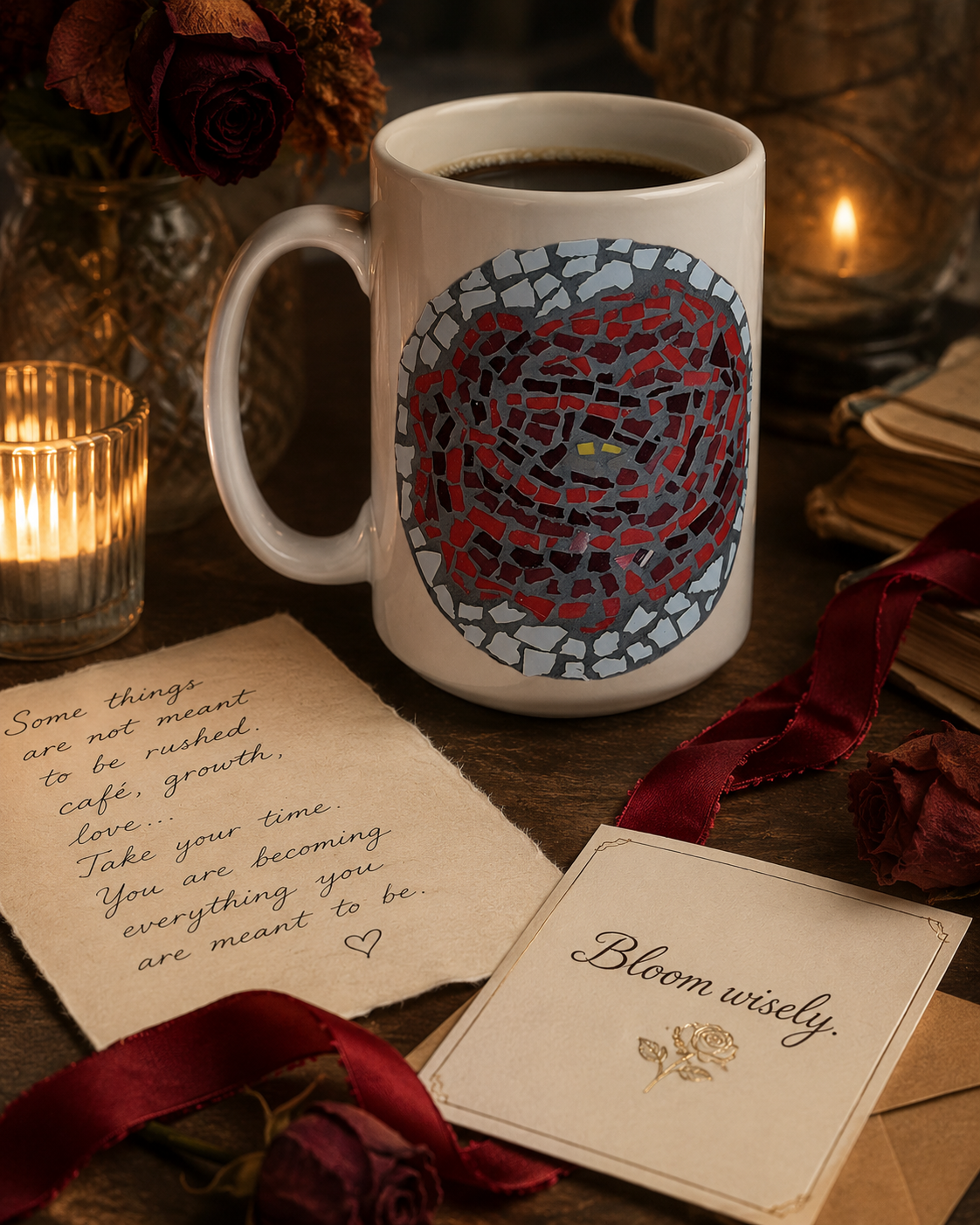 Rose Coaster Ceramic Mug | 15oz Rose Art Mug