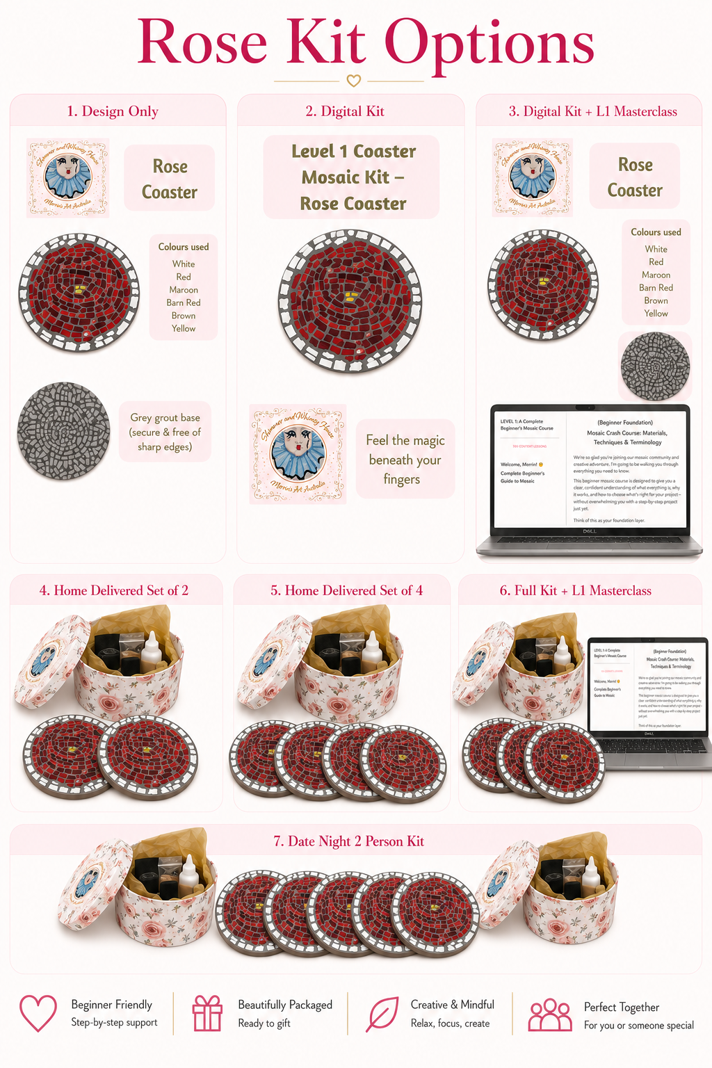 Rose Mosaic Coaster DIY Kit – 10cm Round | Beginner-Friendly  | 🌱 Level 1