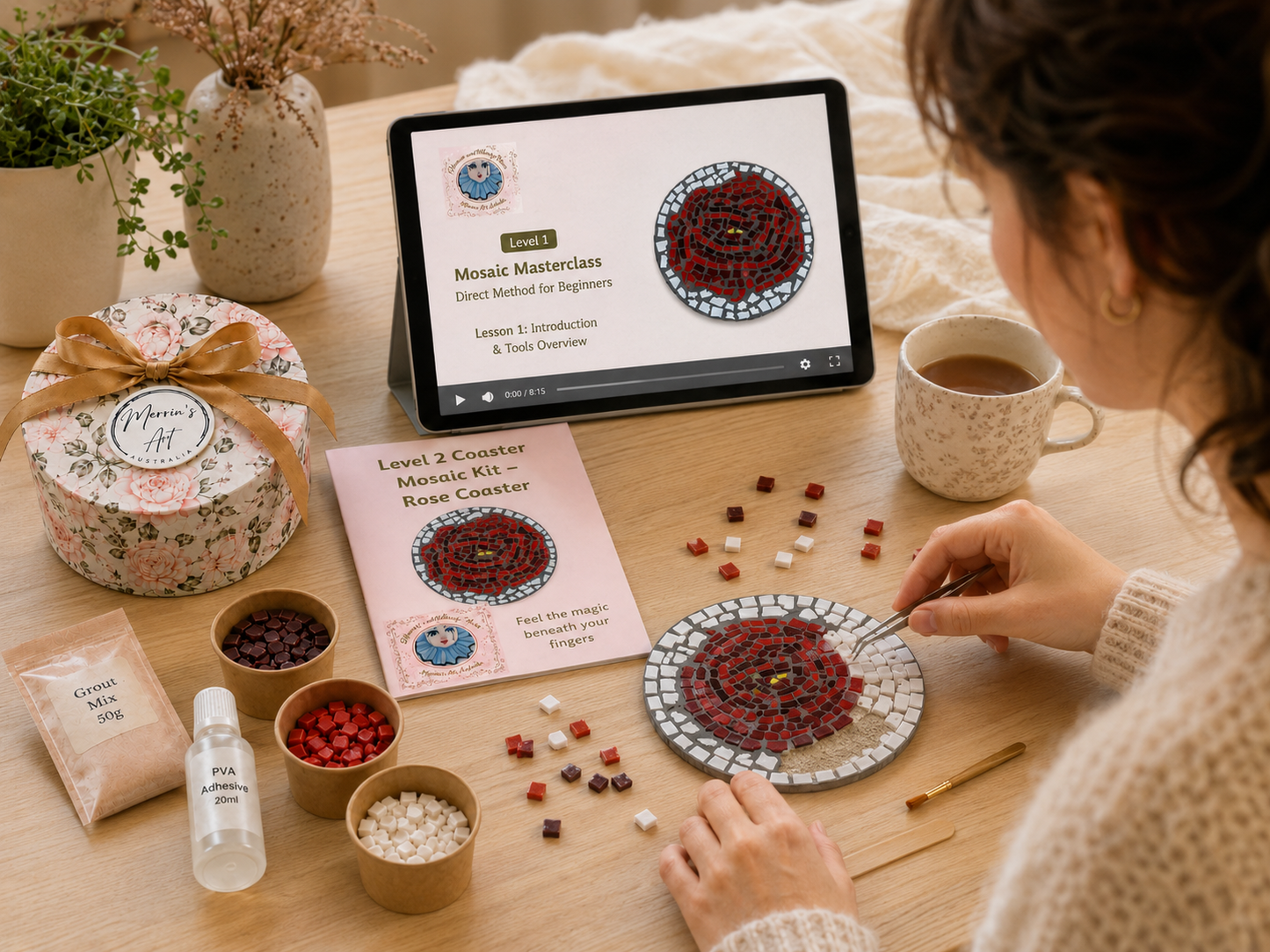 Rose Mosaic Coaster DIY Kit – 10cm Round | Beginner-Friendly  | 🌱 Level 1