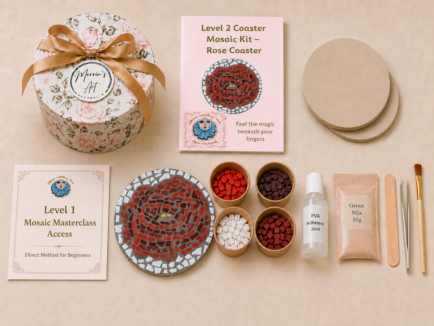 Rose Mosaic Coaster DIY Kit – 10cm Round | Beginner-Friendly  | 🌱 Level 1