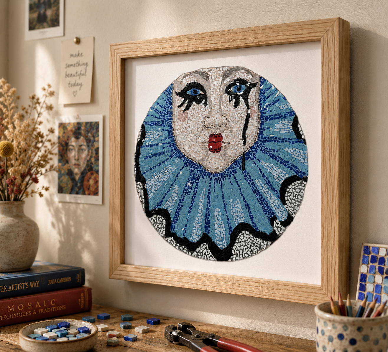 Sad Clown Pop Culture Mosaic Premium Framed Poster
