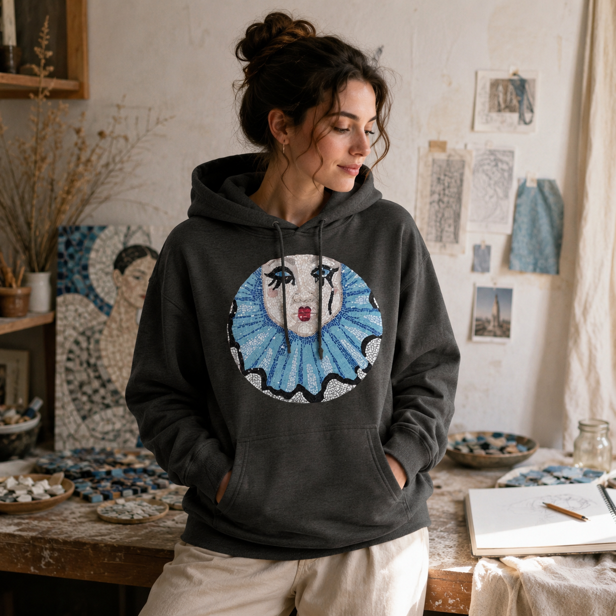 Premium Unisex Pullover Hoodie | Sad Clown Mosaic