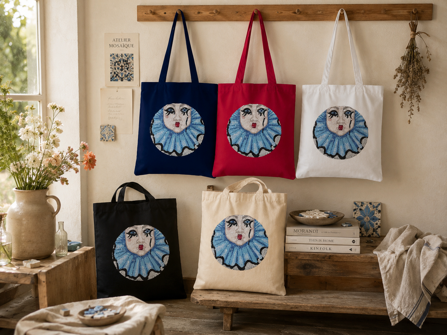 Sad Clown Long-Handle Tote Bag | Whimsical Mosaic Art Cotton Tote