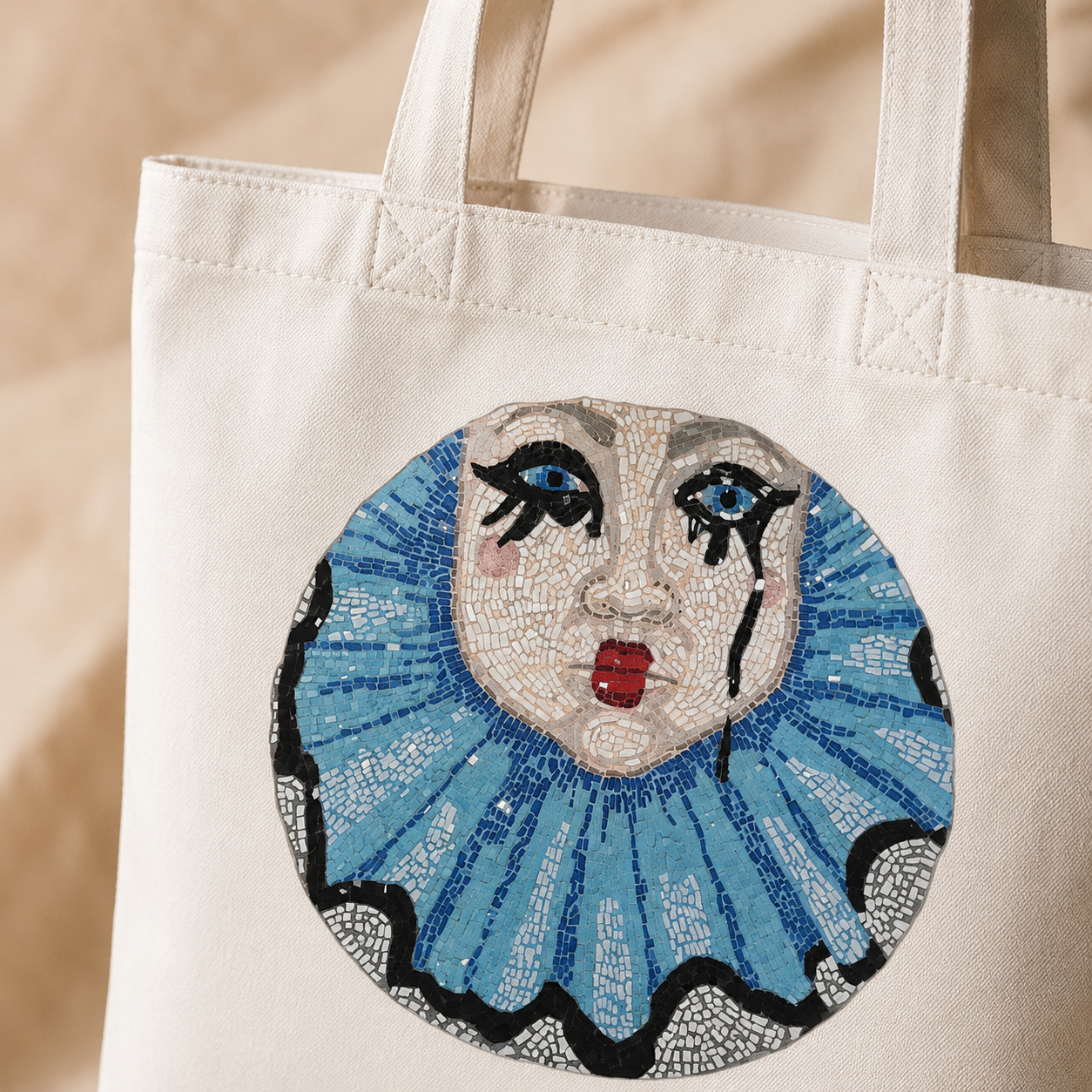 Sad Clown Long-Handle Tote Bag | Whimsical Mosaic Art Cotton Tote