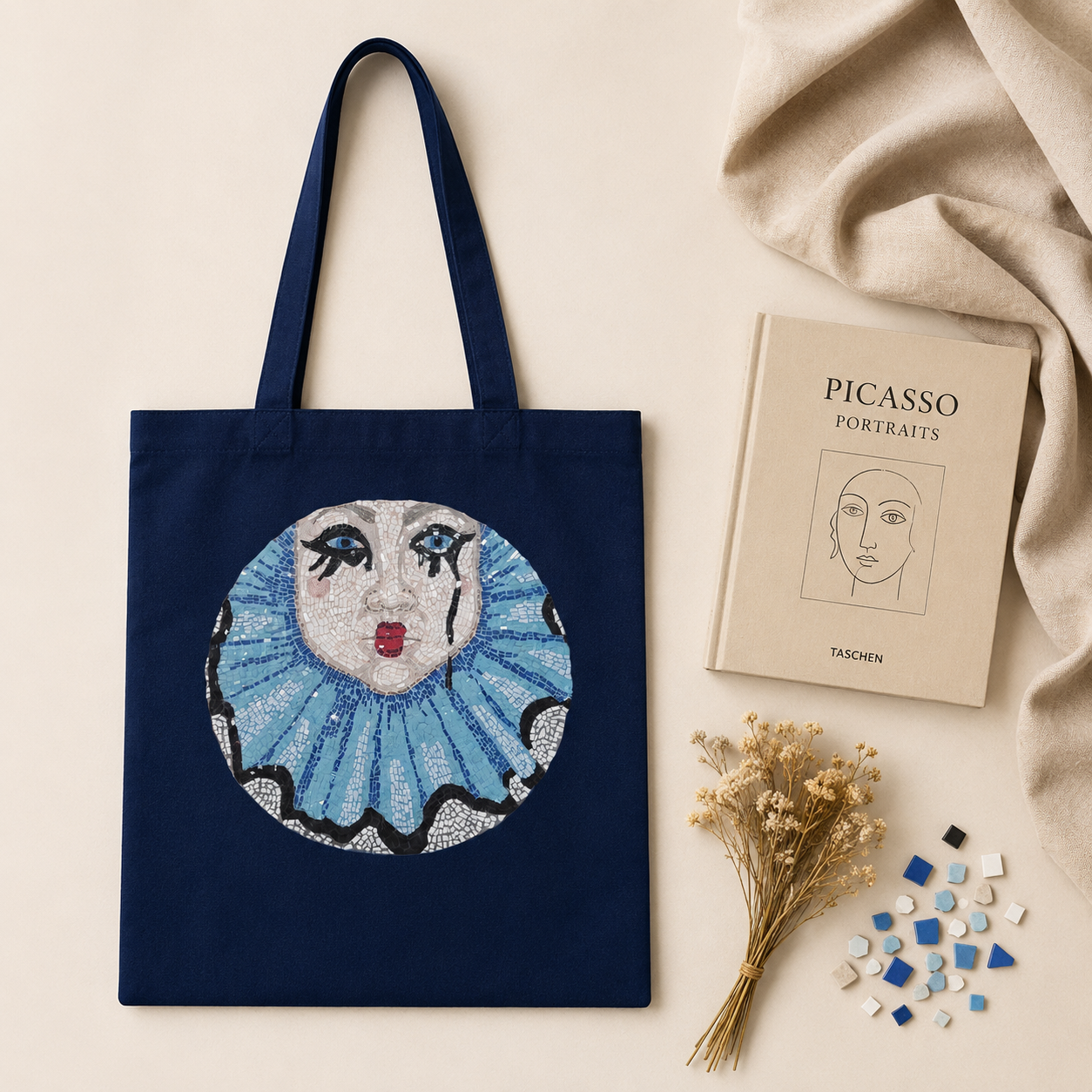 Sad Clown Long-Handle Tote Bag | Whimsical Mosaic Art Cotton Tote
