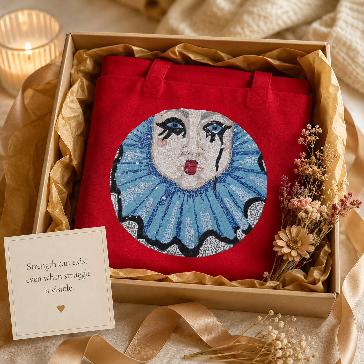 Sad Clown Long-Handle Tote Bag | Whimsical Mosaic Art Cotton Tote