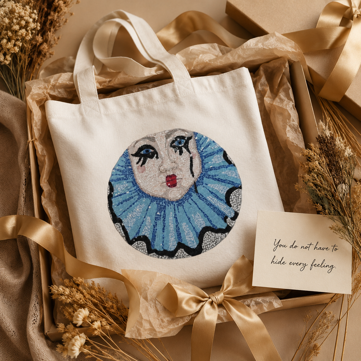 Sad Clown Long-Handle Tote Bag | Whimsical Mosaic Art Cotton Tote