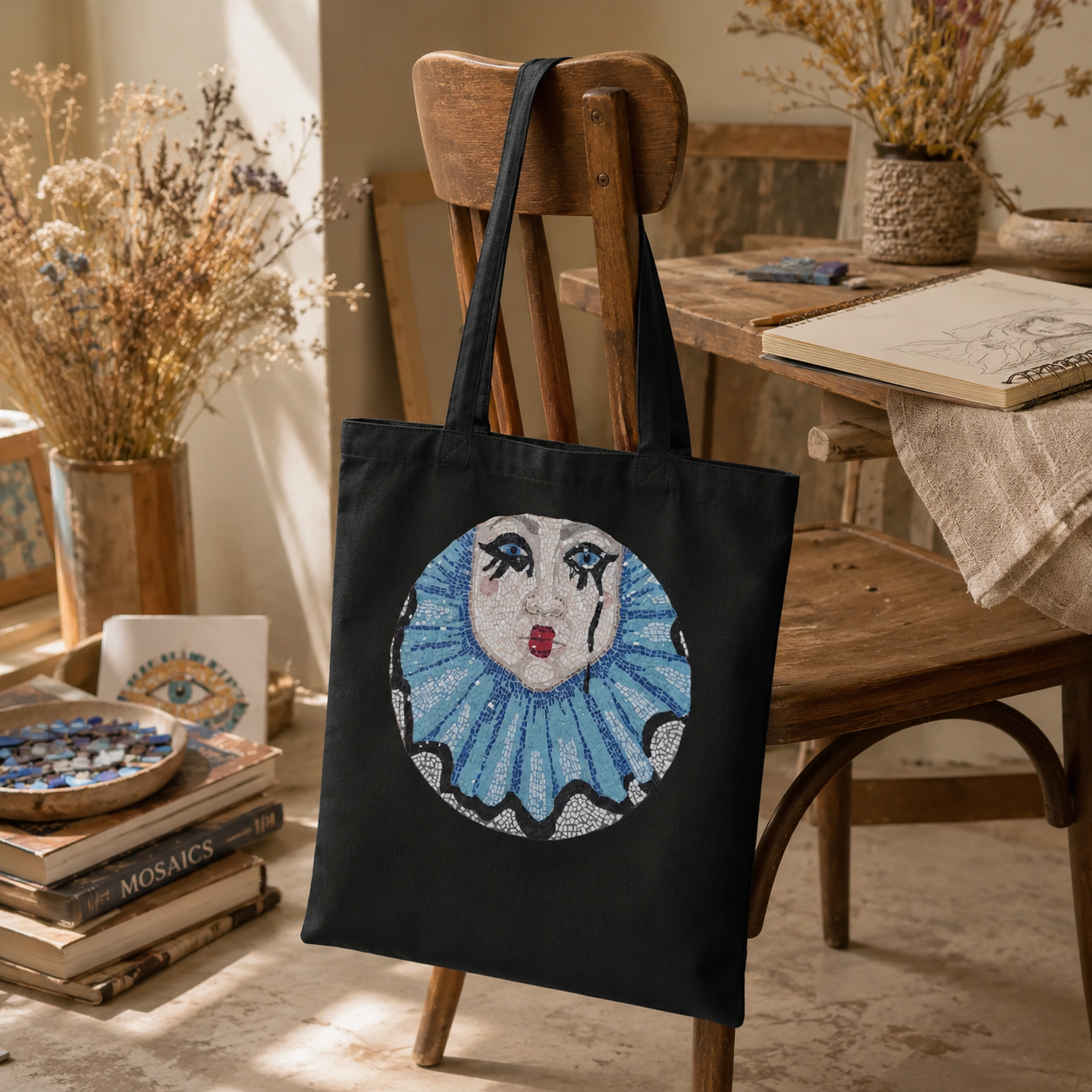 Sad Clown Long-Handle Tote Bag | Whimsical Mosaic Art Cotton Tote