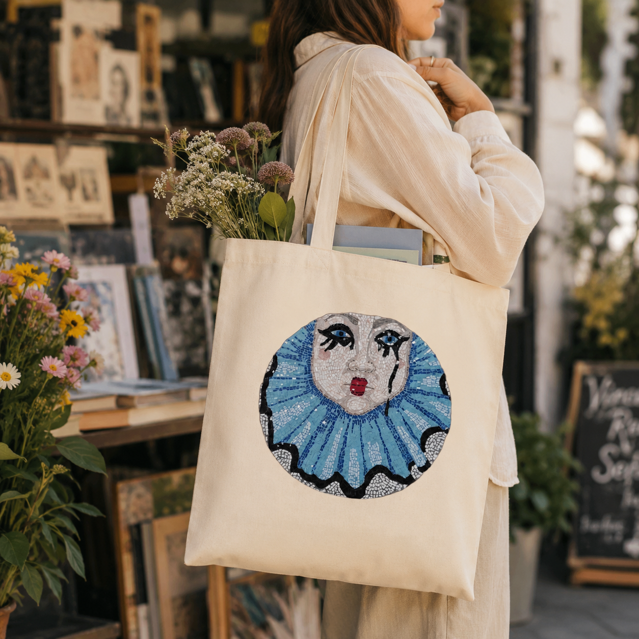 Sad Clown Long-Handle Tote Bag | Whimsical Mosaic Art Cotton Tote