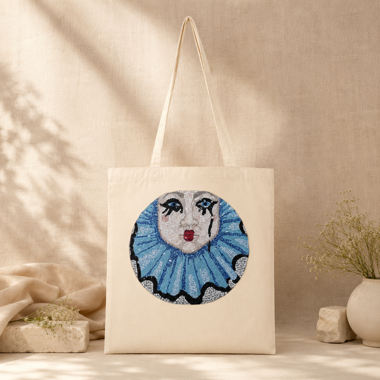 Sad Clown Long-Handle Tote Bag | Whimsical Mosaic Art Cotton Tote