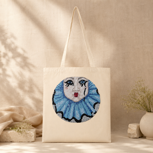 Sad Clown Long-Handle Tote Bag | Whimsical Mosaic Art Cotton Tote