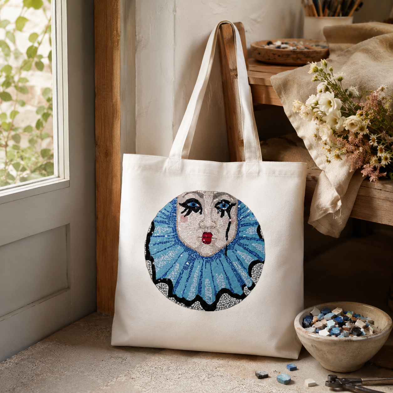 Sad Clown Long-Handle Tote Bag | Whimsical Mosaic Art Cotton Tote