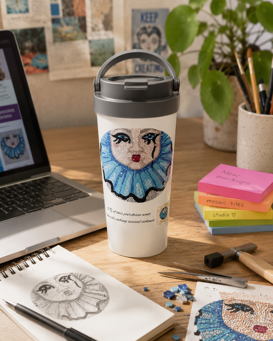 Sad Clown Pop Culture Mosaic Stainless Steel Travel Mug – 15oz