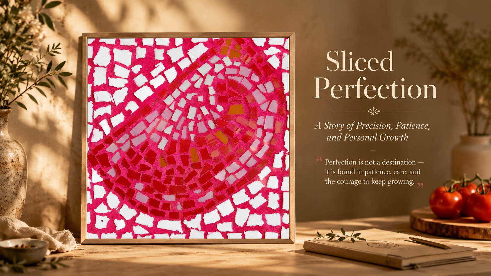 Load video: Sliced Perfection tomato mosaic hero banner video by Shimmer and Whimsy House, reflecting resilience, precision, and self-acceptance.