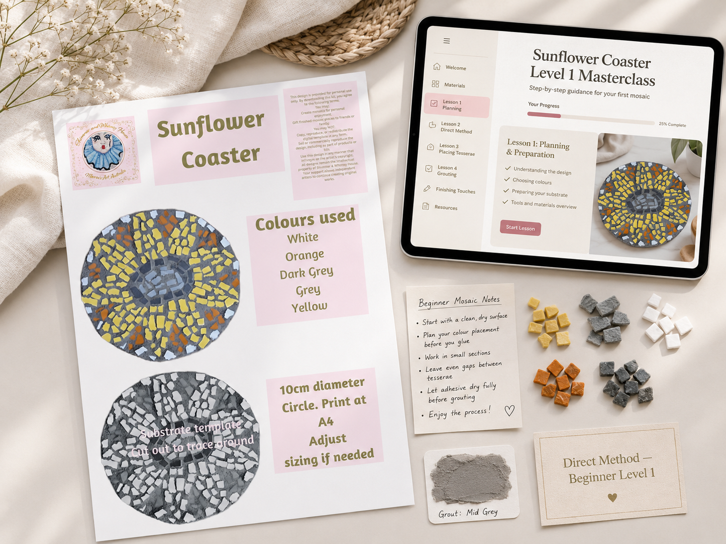 Sunflower Mosaic Coaster DIY Kit – 10cm Round | Beginner-Friendly  | 🌱 Level 1