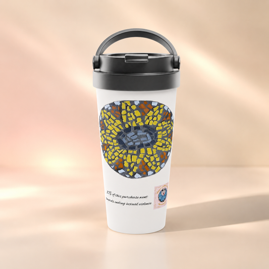 White 15oz Stainless Steel Travel Mug | Sunflower Coaster Mosaic