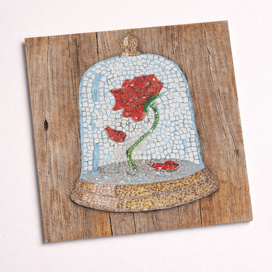 Mosaic artwork of a red cursed rose in a glass dome on a wooden back print