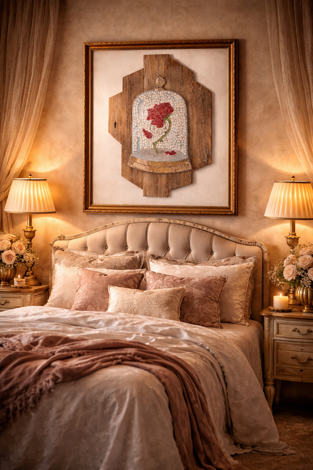 Decorative bedroom with a bed, lamps, and cursed rose wall art.