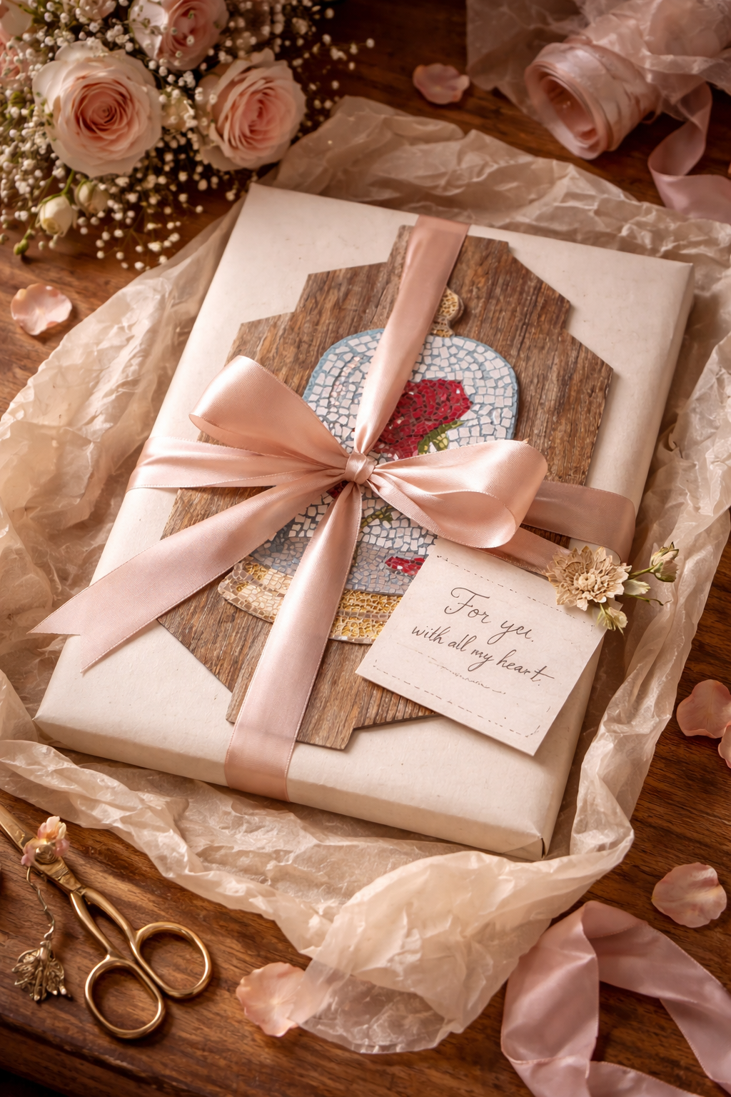 the cursed rose canvas Gift wrapped in tissue paper with a pink ribbon on a wooden surface with flowers and scissors.