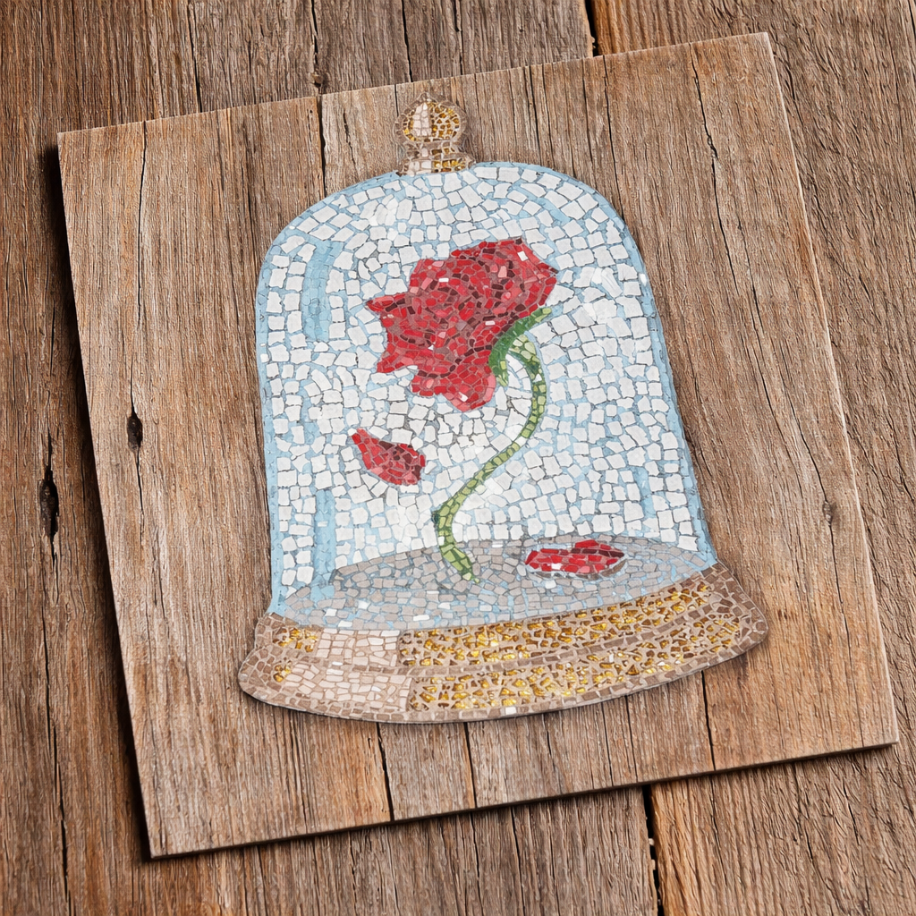 Mosaic art of a red cursed rose under a glass dome on a wooden background ground and wood grain