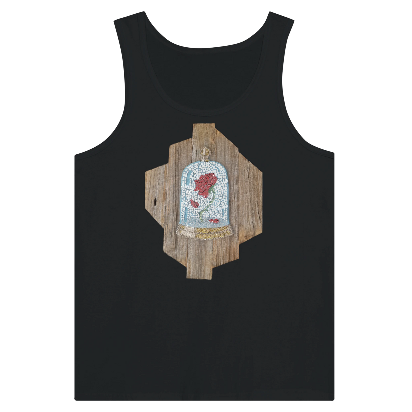 black tank top with cursed rose mosaic design printed on front, unique artistic wearable art