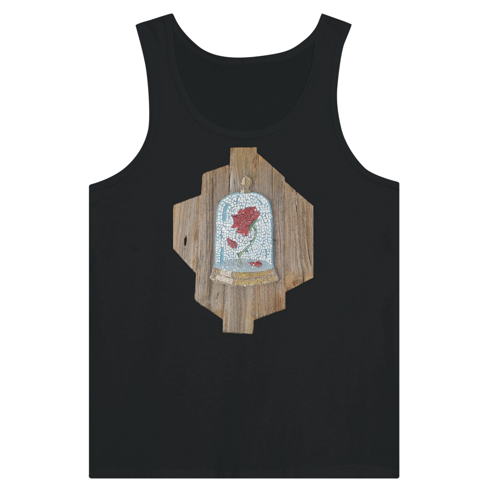 black tank top with cursed rose mosaic design printed on front, unique artistic wearable art