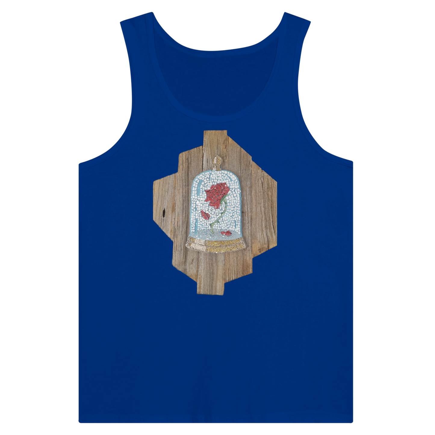 blue  tank top with cursed rose mosaic design printed on front, unique artistic wearable art