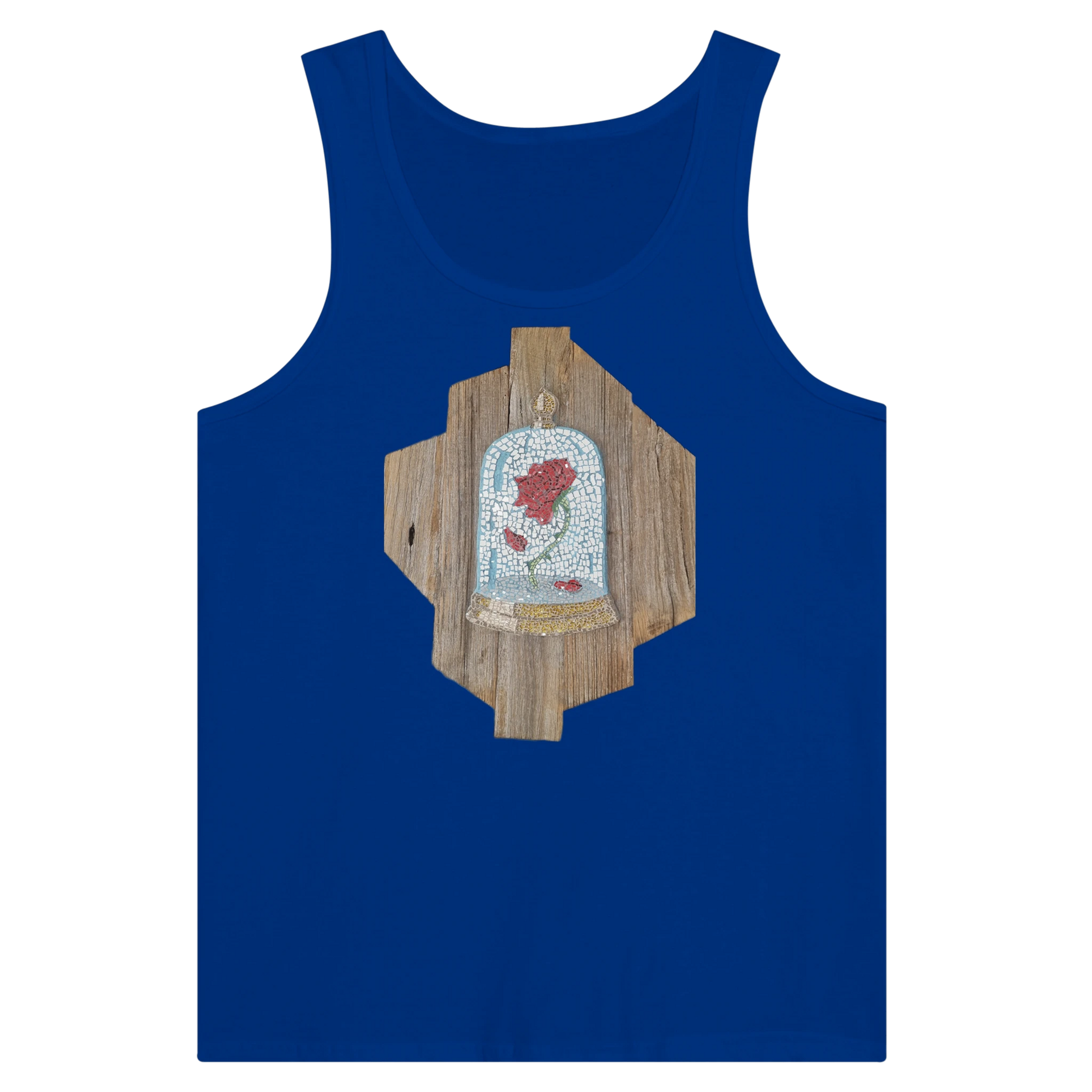 blue  tank top with cursed rose mosaic design printed on front, unique artistic wearable art