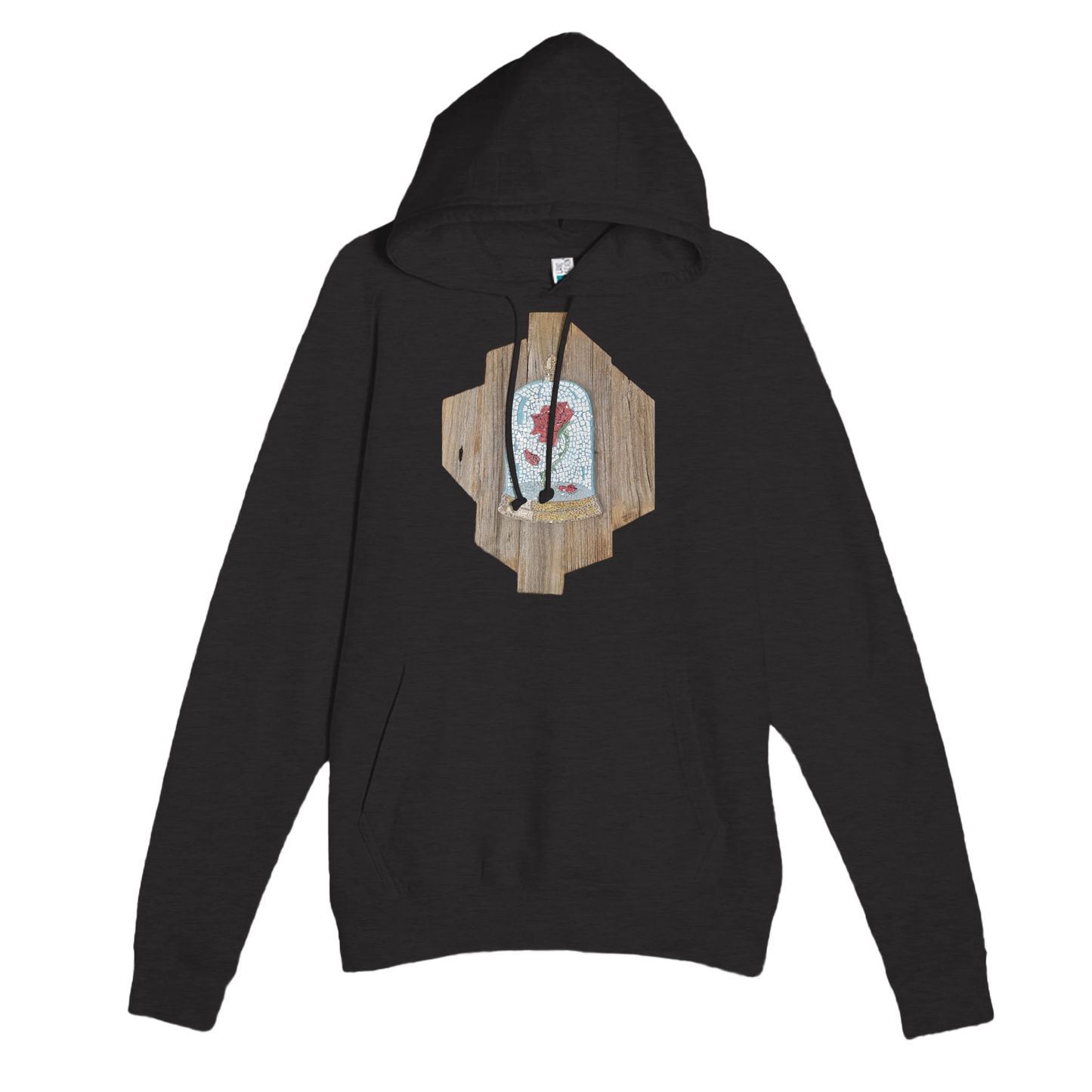 the cursed rose mosaic design on front of a checked black hoodie