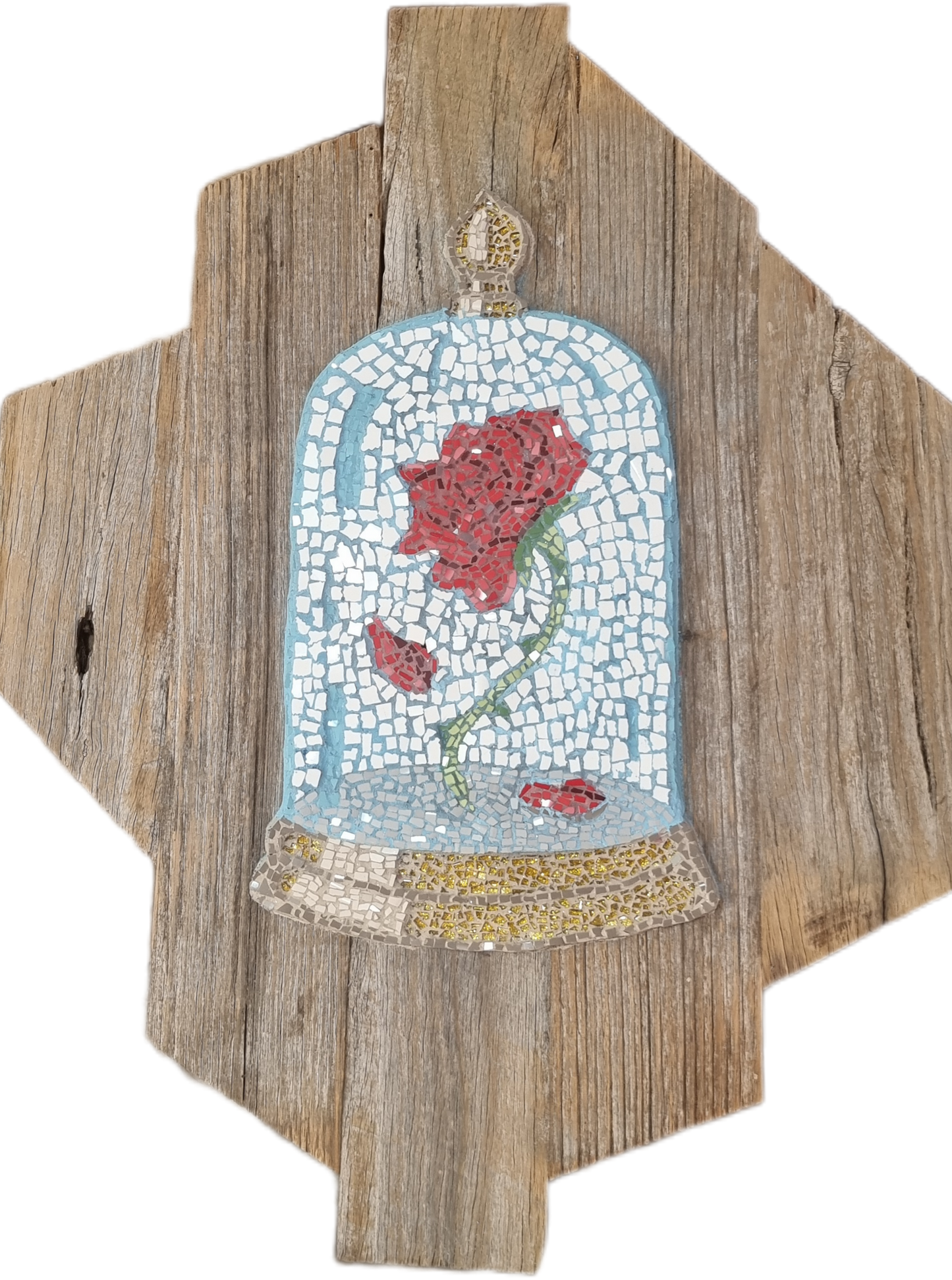 Mosaic art of a cursed rose in a glass dome on a wooden background