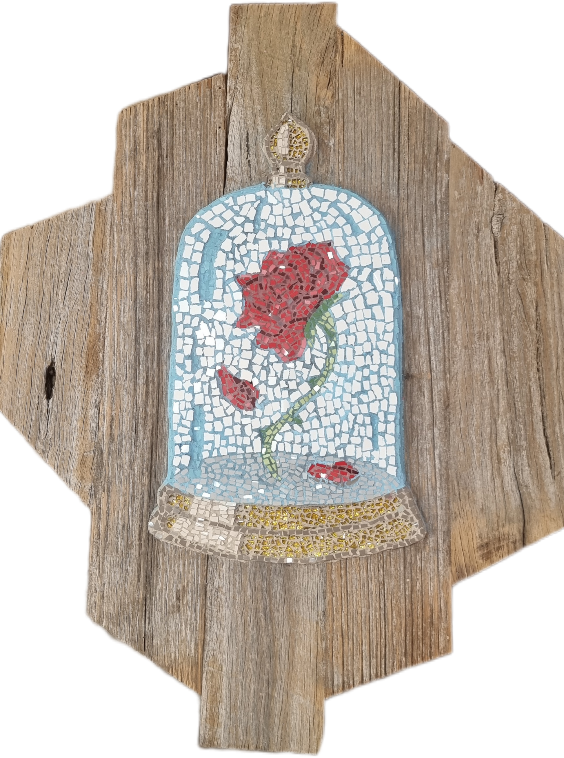 Mosaic art of a cursed rose in a glass dome on a wooden background