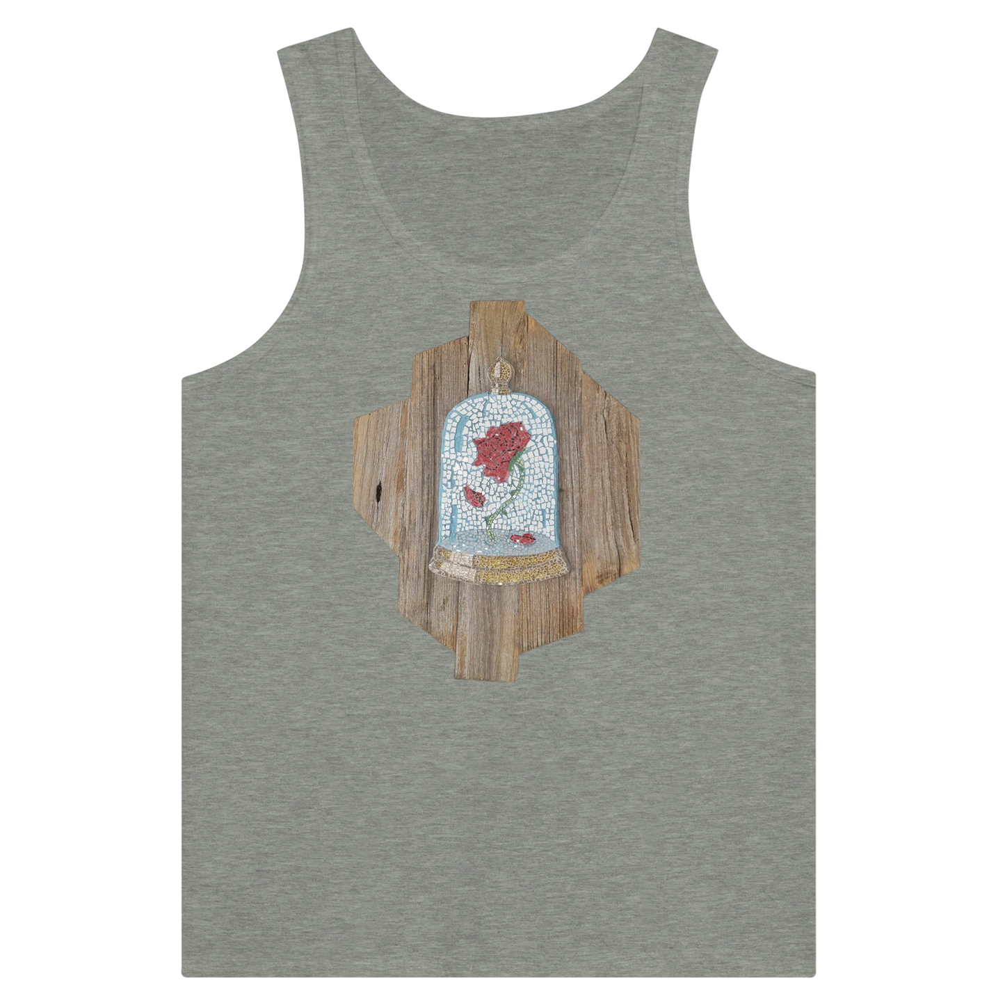 grey tank top with cursed rose mosaic design printed on front, unique artistic wearable art