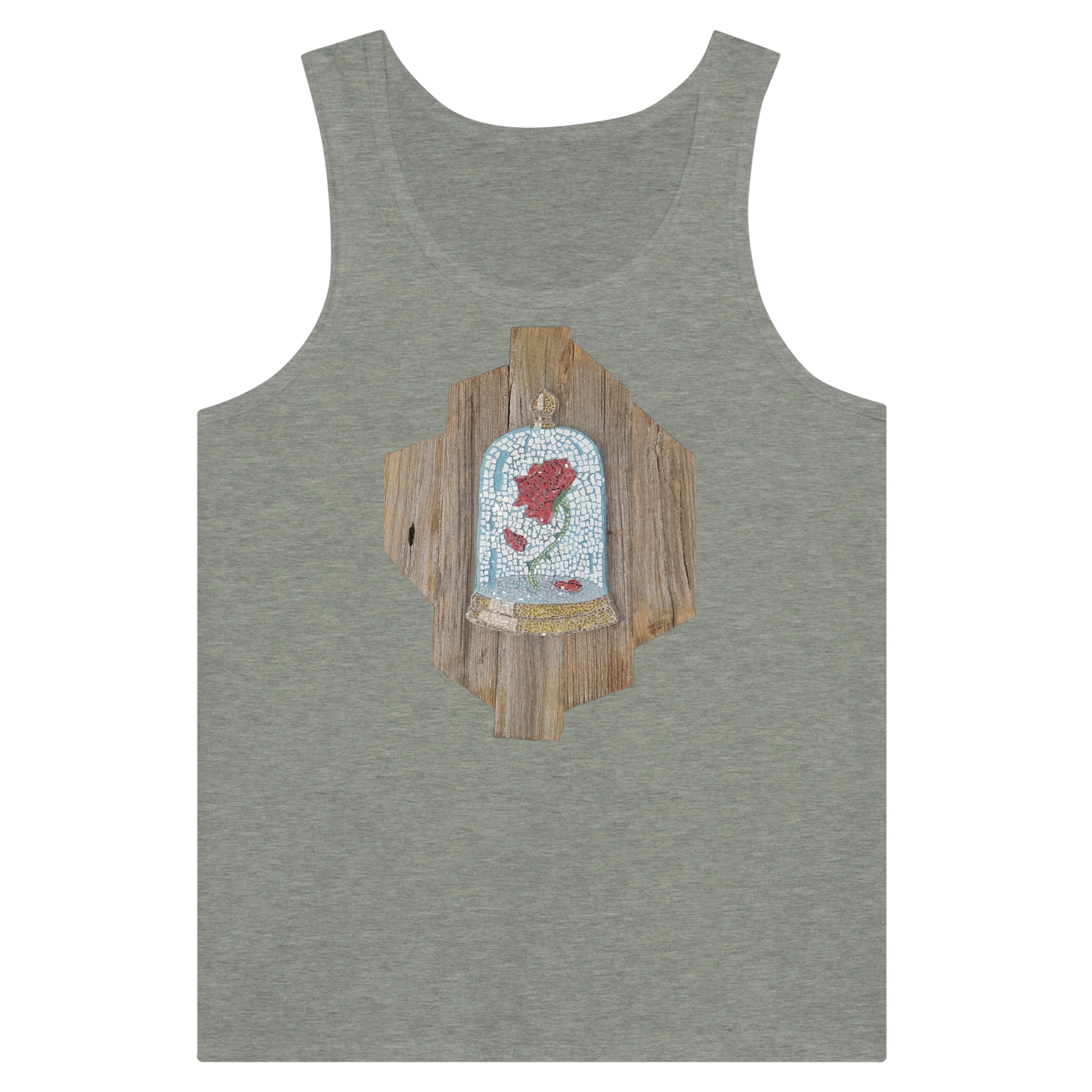 grey tank top with cursed rose mosaic design printed on front, unique artistic wearable art