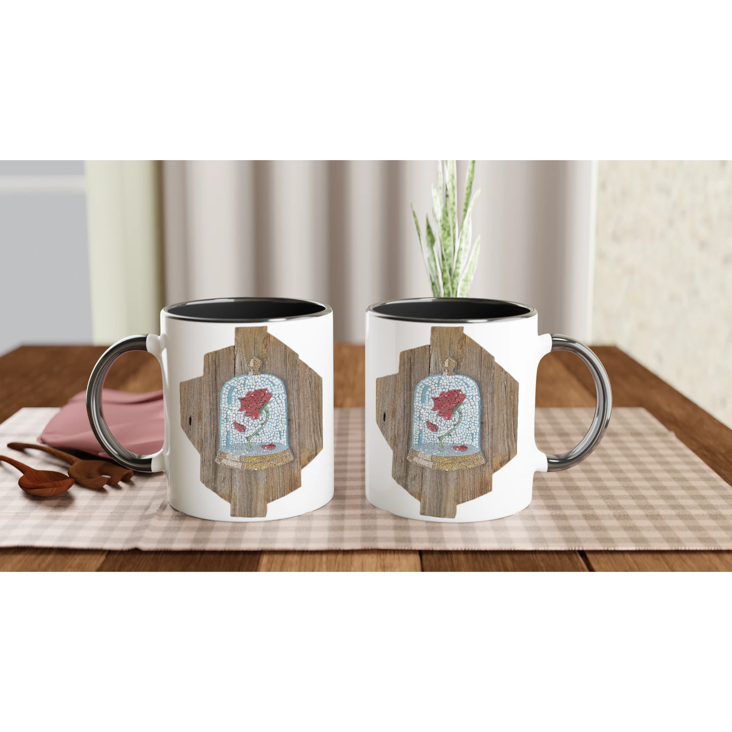 the cursed rose mosaic mug with colour inside x2 lifestyle shot merrins art