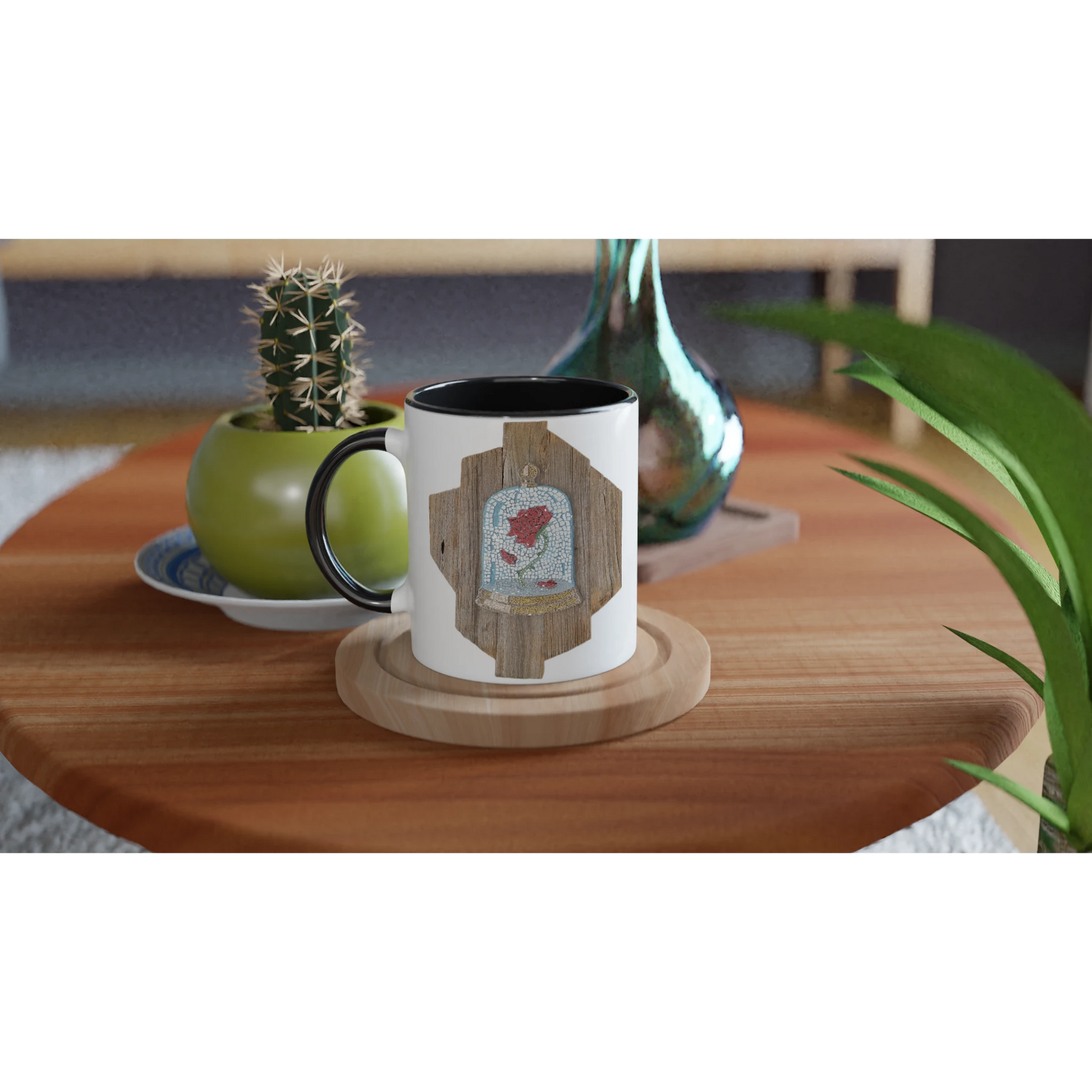 the cursed rose mosaic mug with colour insude lifestyle 