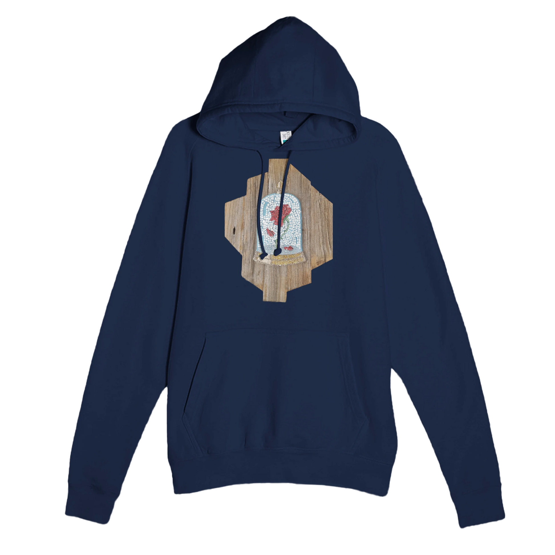 the cursed rose mosaic design on navy blue hoodie
