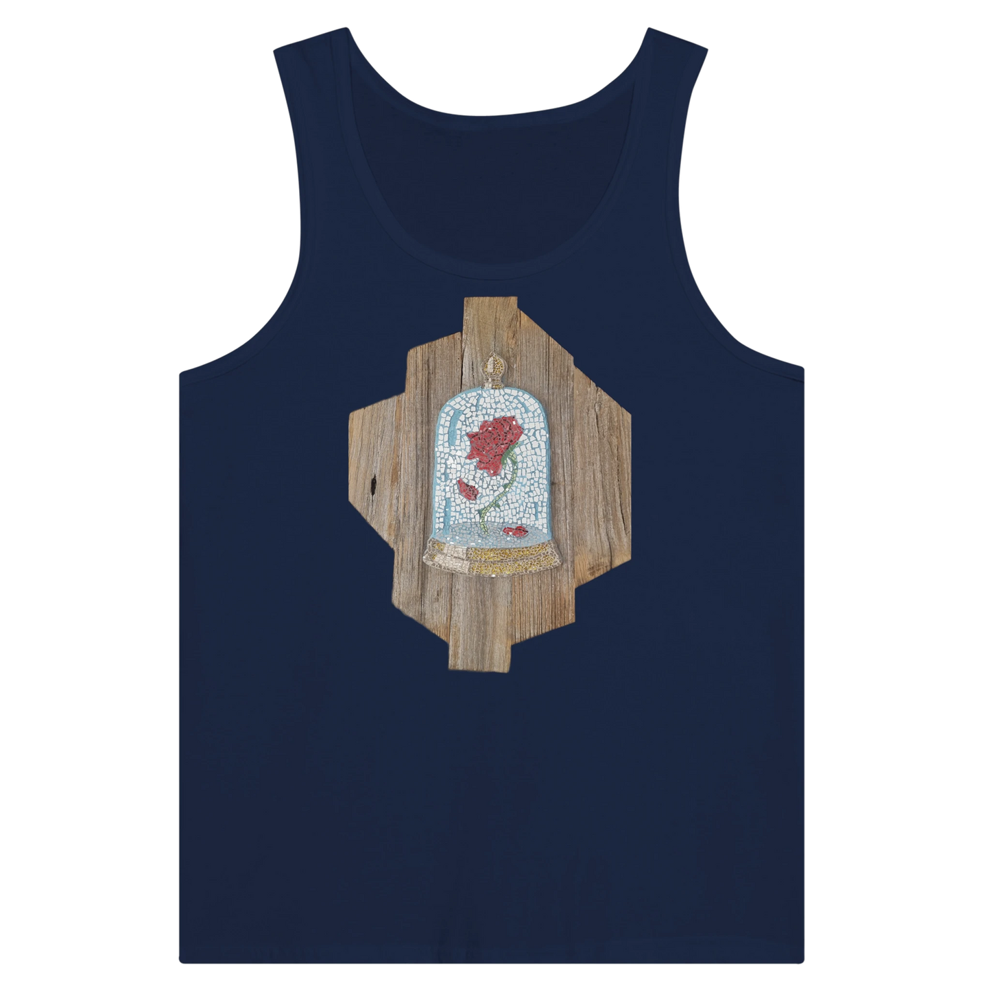 navy blue tank top with cursed rose mosaic design printed on front, unique artistic wearable art