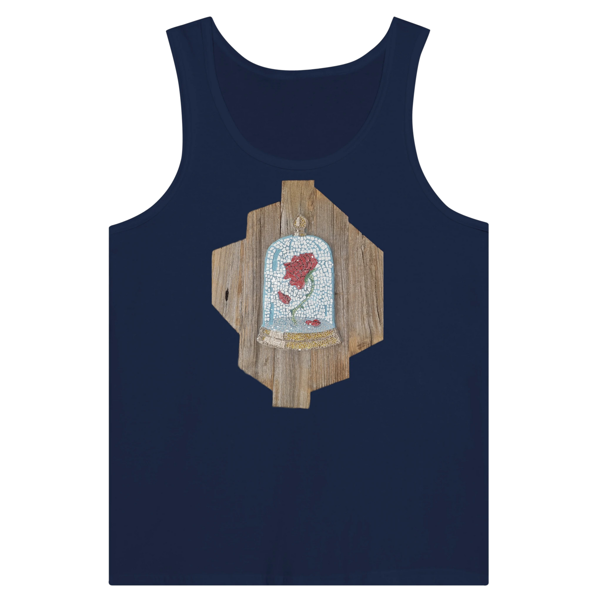navy blue tank top with cursed rose mosaic design printed on front, unique artistic wearable art