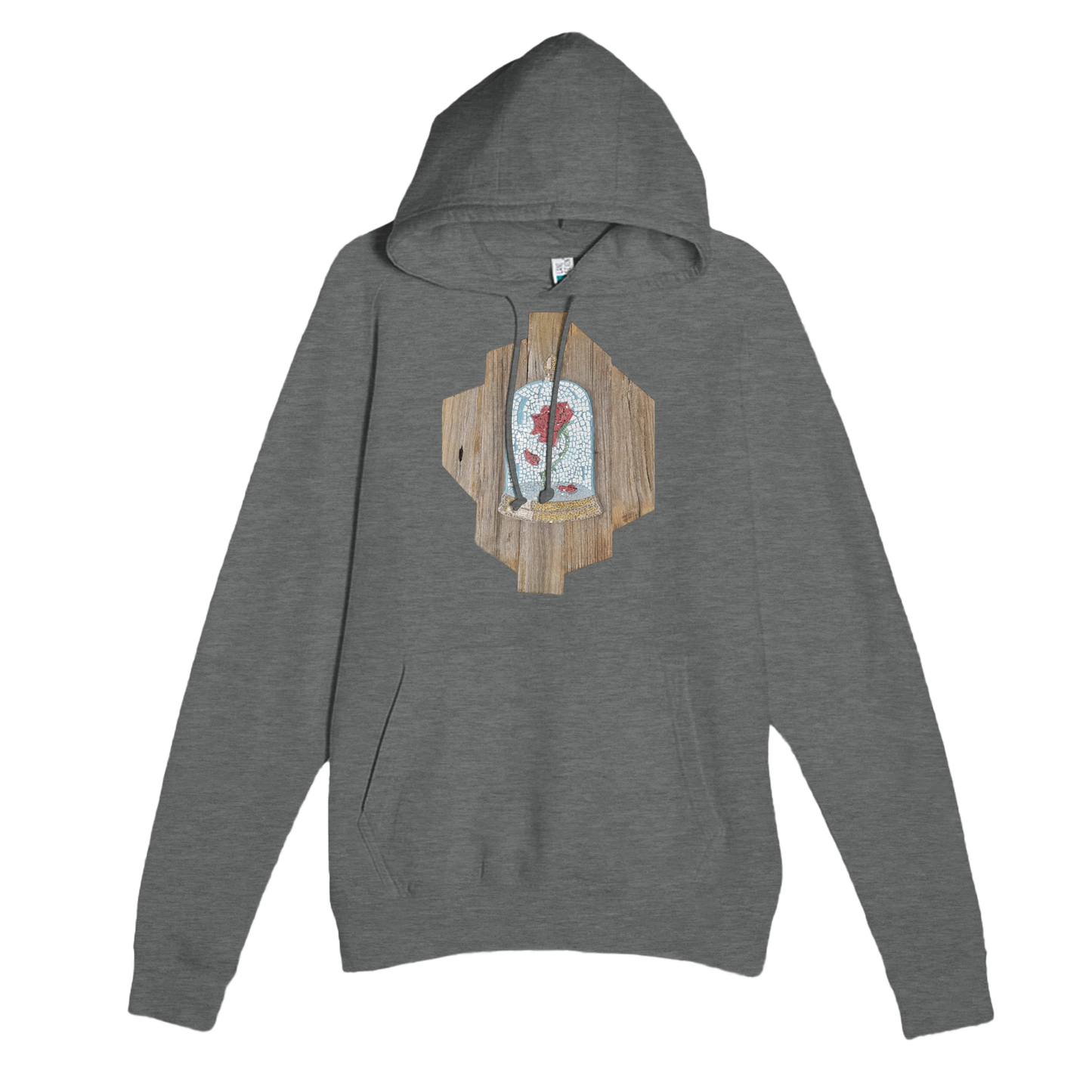 the cursed rose mosaic design on front of grey checked hoodie