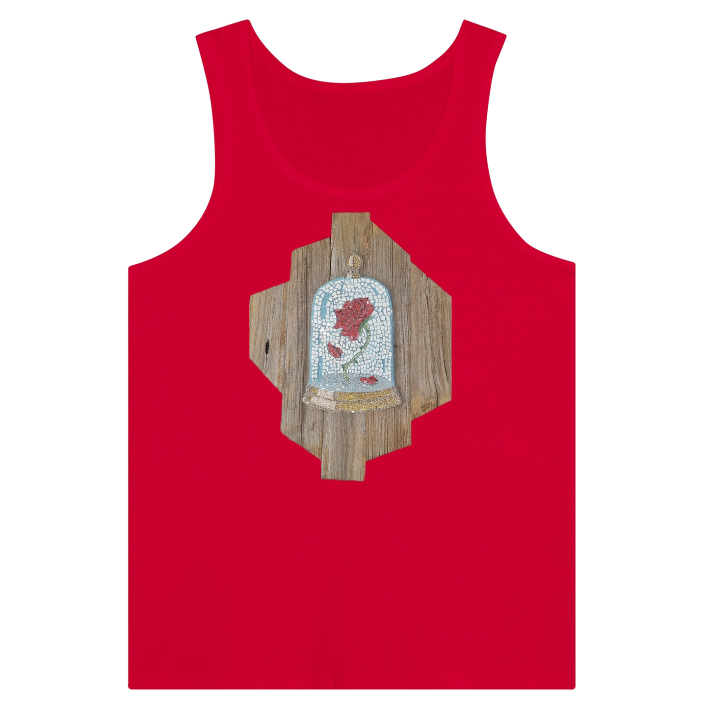 red tank top with cursed rose mosaic design printed on front, unique artistic wearable art