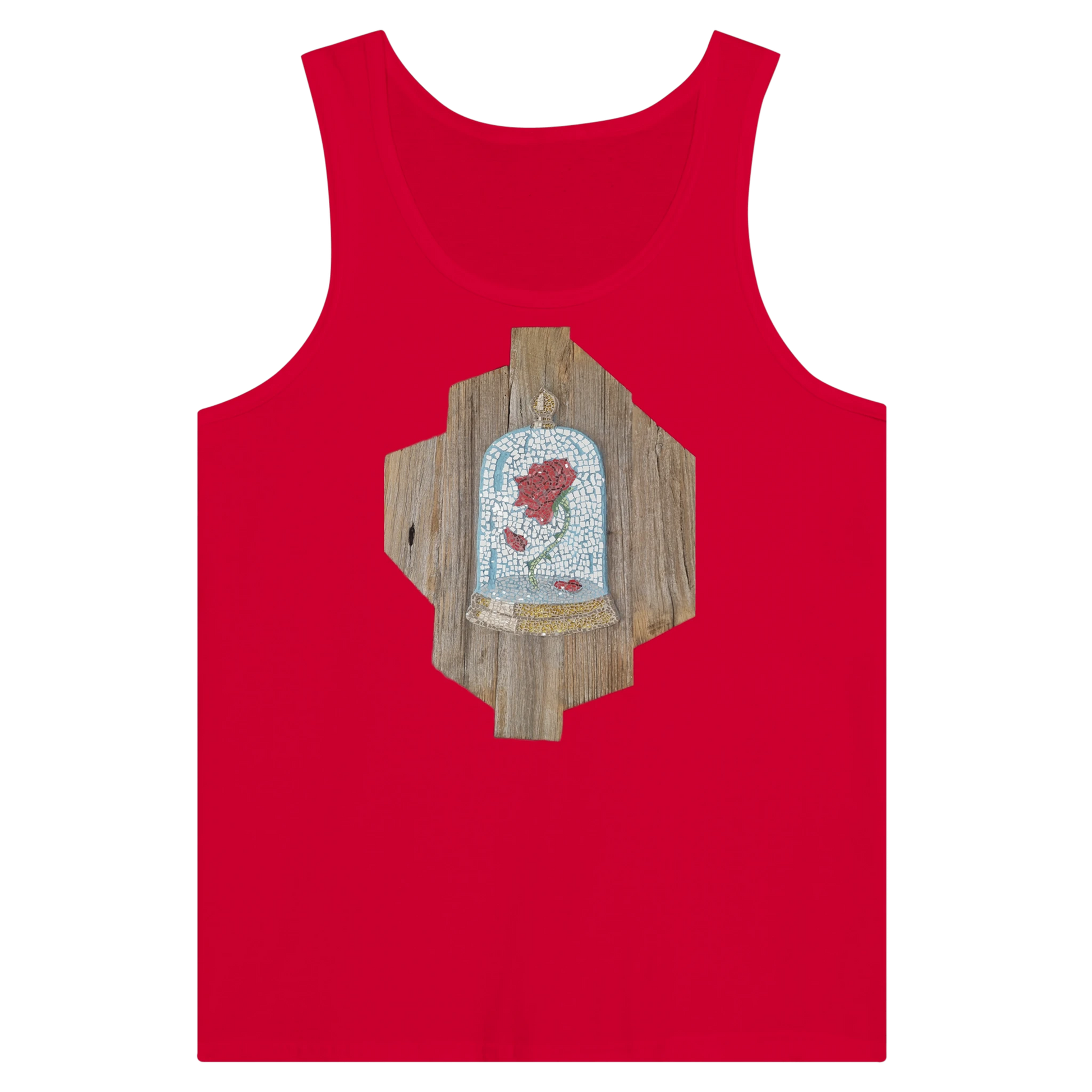 red tank top with cursed rose mosaic design printed on front, unique artistic wearable art